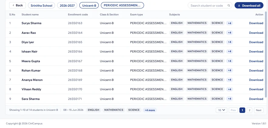 CtrlCampus exam schedule screen
