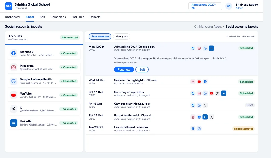 CtrlMarketing Agent social accounts and post calendar